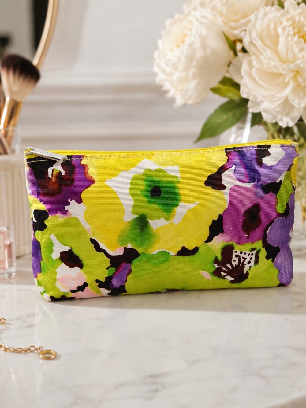 Clinique Yellow, Green & Purple Floral Zip Card and Key Pouch